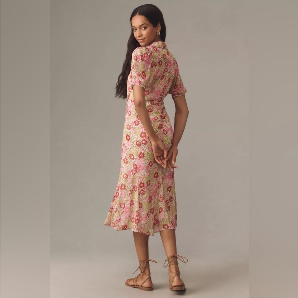ANTHROPOLOGIE Pink Floral PUFF-SLEEVE RUCHED MESH MIDI SHIRT DRESS - Picture 3 of 11